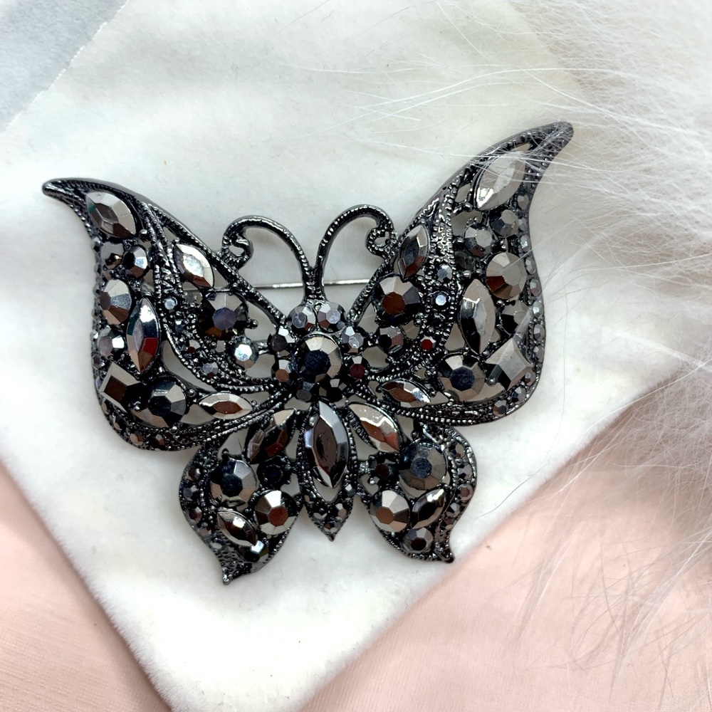 Black Rhinestone Butterfly Brooch